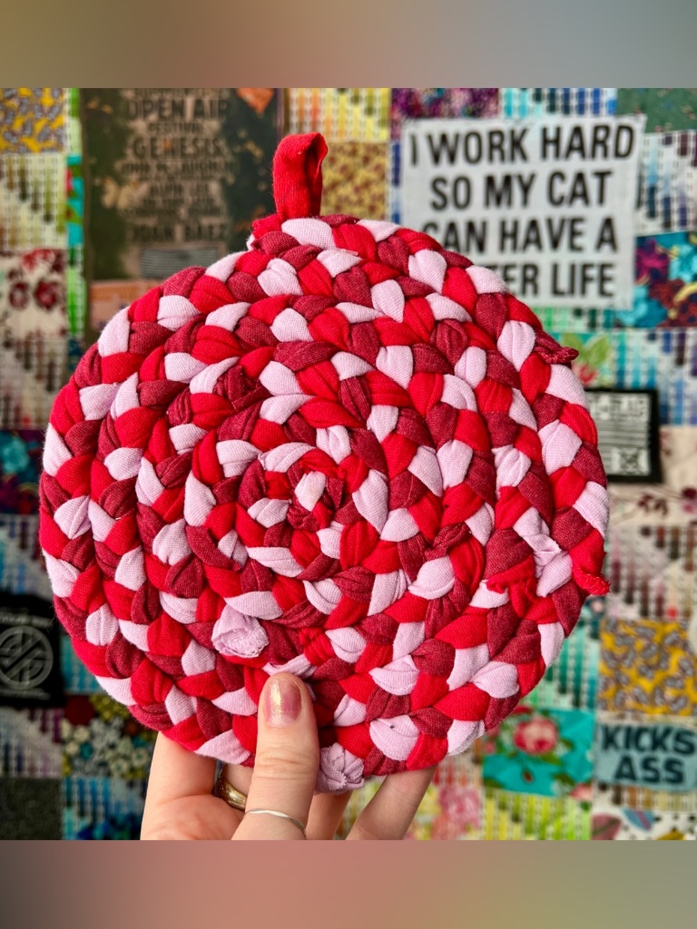 Braided Trivet Potholder- Maroon Red Pink